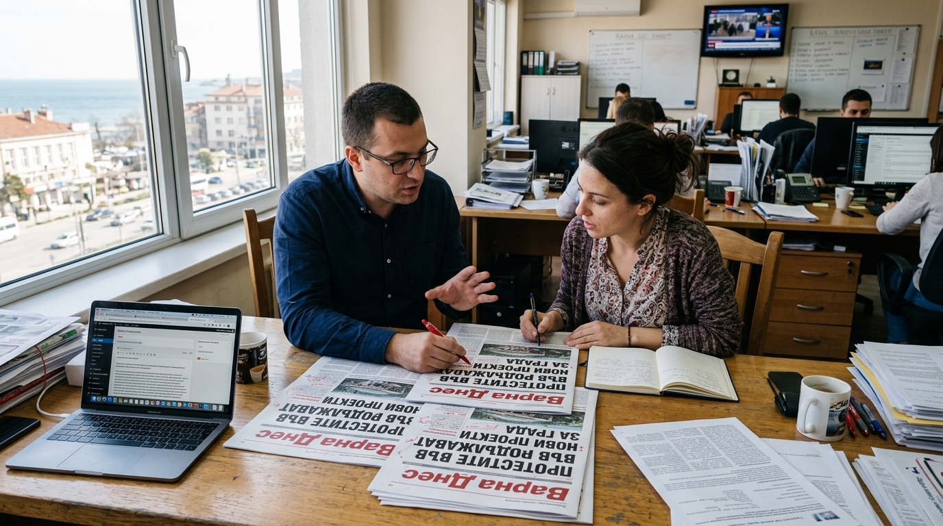Редактори на Elqmino разглеждат разпечатки в редакцията във Варна
